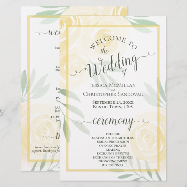 Butter Yellow & Sage Rosen Budget-Hochzeitsprogram (Vorne/Hinten)