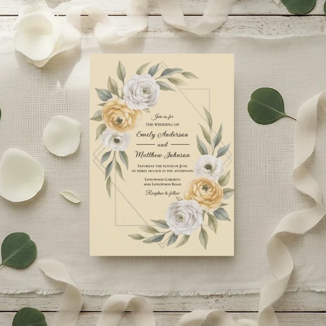 Butter Yellow Watercolor Floral Geometric Wedding Einladung (Von Creator hochgeladen)