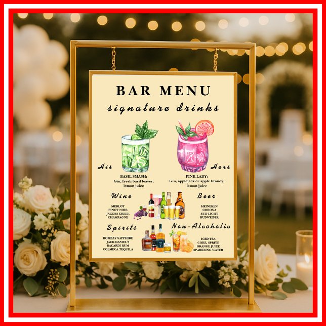 Butter Yellow Wedding Bar Menu Poster (Von Creator hochgeladen)