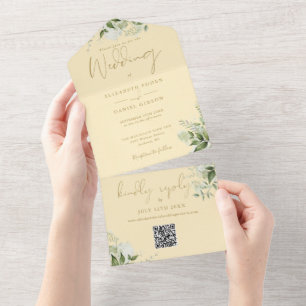 Buttercup Gelb Grün QR Code Monogramm Hochzeit All In One Einladung