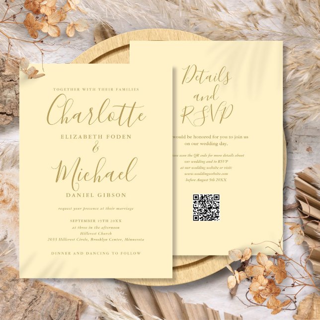 Buttercup Gelb und Gold QR Code Hochzeit Einladung (Buttercup Yellow and Gold QR Code Wedding Invitation)