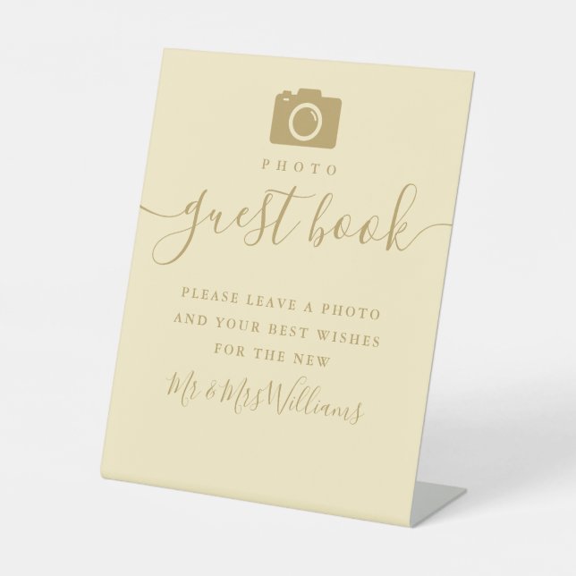 Buttercup Gelb und Gold Script Foto Gästebuch Sockelschild (Vorderseite)