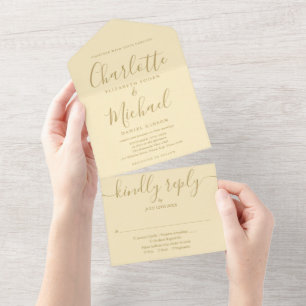 Buttercup-Gelb und Gold-Signatur-Schrift Hochzeit All In One Einladung
