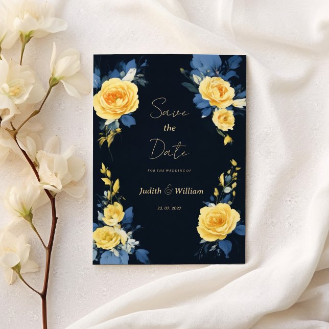 Buttercup Gelbe Marine blauen Blumen Save the Date Einladung (Buttercup yellow navy blue floral Save the Date)