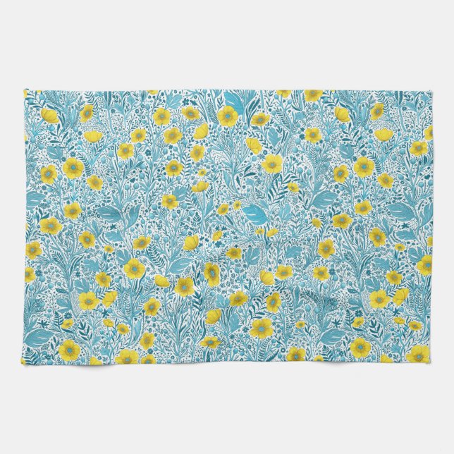 Buttercups, gelb, blau und weiß geschirrtuch (Horizontal)