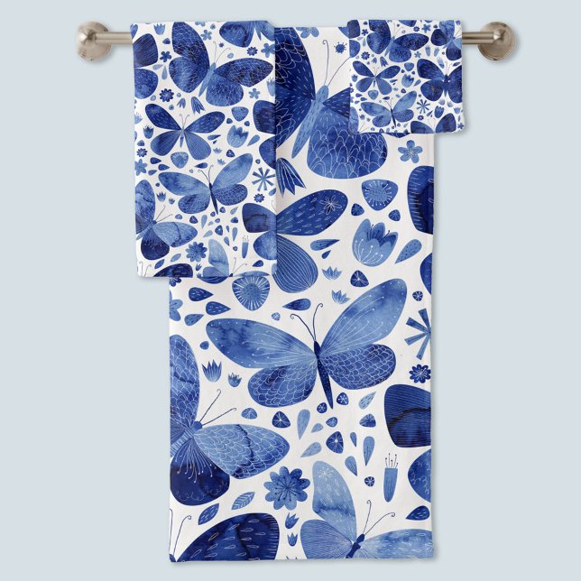 Butterfisch Watercolor Blue Badhandtuch Set (Blue watercolor butterfly pattern towels)
