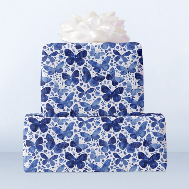 Butterfisch Watercolor Blue Geschenkpapier (Pretty watercolor indigo blue and white butterfly pattern gift wrapping paper)
