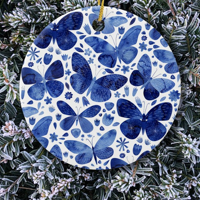 Butterfisch Watercolor Blue Keramik Ornament (Blue and white butterfly pattern  ceramic Christmas ornament)