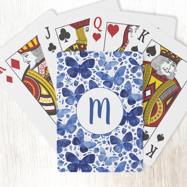 Butterfisch Watercolor Blue Monogram Spielkarten (Blue and white butterfly watercolor monogram initial personalized playing cards)