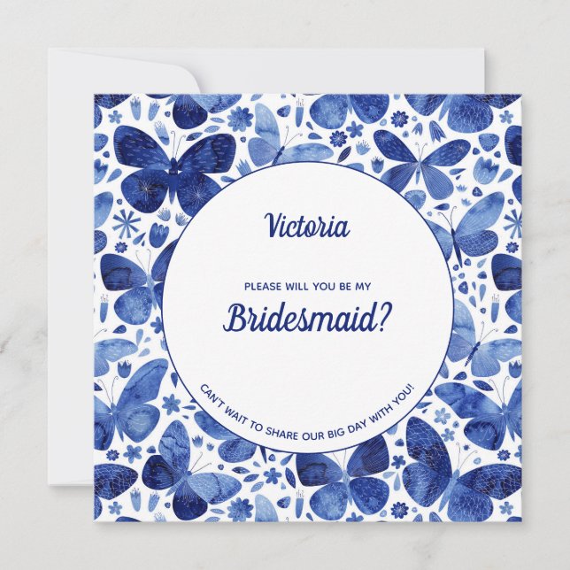 Butterfisch Watercolor Blue Sei meine Bridesmaid Einladung (Vorderseite)