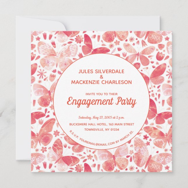 Butterfisch Watercolor Coral Pink Engagement Party Einladung (Vorderseite)