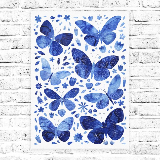 Butterfisch Watercolor Indigo Blue Canvas Print Leinwanddruck (Blue watecolor butterfly canvas print)
