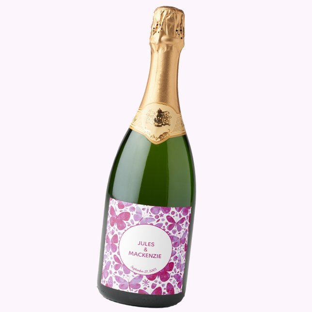 Butterfisch Watercolor Magenta Pink Modern Boho (Butterfly watercolor modern wedding personalized sparkling wine bottle label)