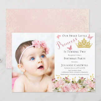 Butterfliegen Floral Princess Foto 2. Geburtstag Einladung