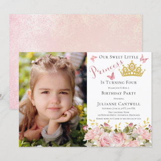 Butterfliegen Floral Princess Foto 4. Geburtstag Einladung