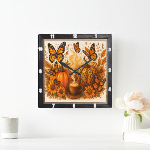 Butterfliegen Pumpkin-Kaffee Herbst Quadratische Wanduhr