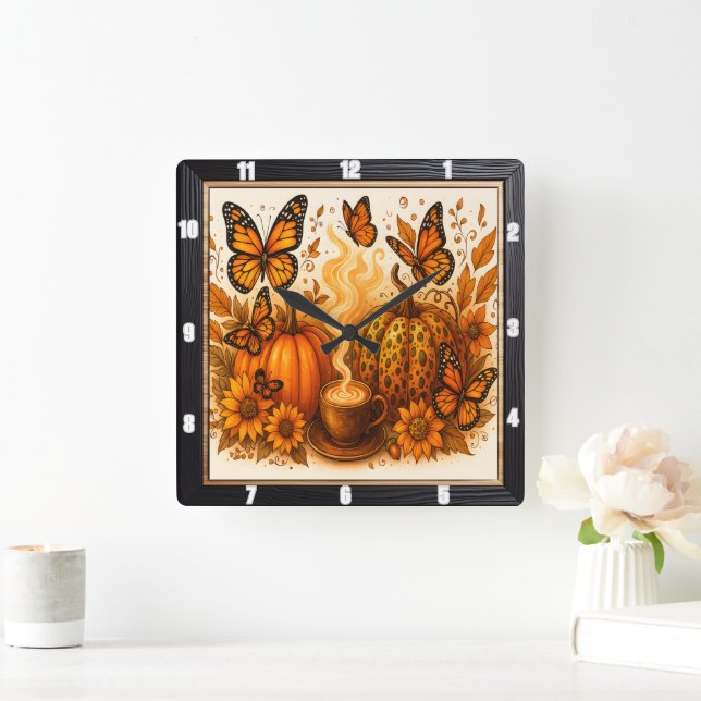 Butterfliegen Pumpkin-Kaffee Herbst Quadratische Wanduhr (Zuhause)