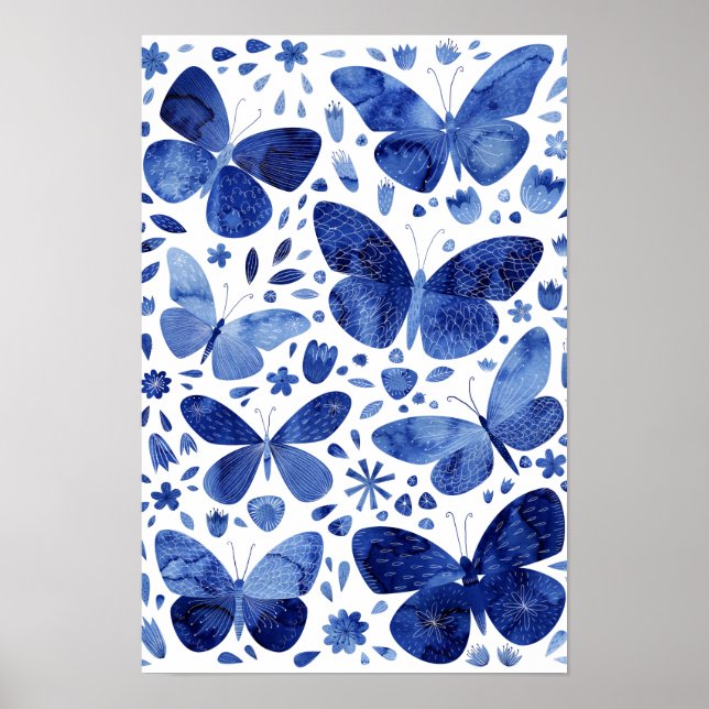 Butterfliegen Watercolor Indigo Blue Poster (Vorne)