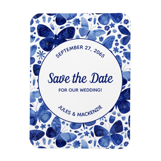 Butterfliegen Watercolor Indigo Blue Save the Date Magnet (Vertikal)