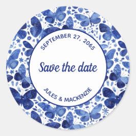 Butterfliegen Watercolor Indigo Blue Save the Date Runder Aufkleber