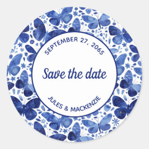 Butterfliegen Watercolor Indigo Blue Save the Date Runder Aufkleber