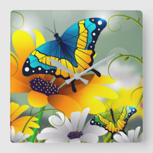 Butterflies and Daisies Quadratische Wanduhr