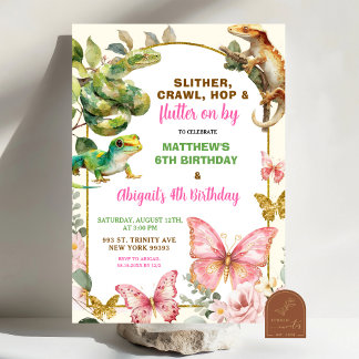 Butterflies and Reptiles Joint Sibling Birthday  Einladung
