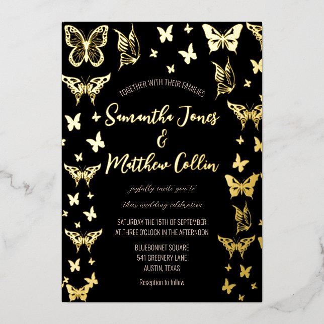 Butterflies Boho Black Gold Foil Wedding Folieneinladung (Vorderseite)