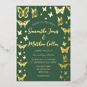 Butterflies Boho Green Gold Foil Wedding Folieneinladung