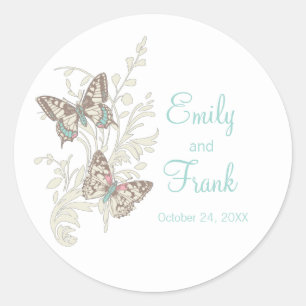 Butterflies Braun Aqua Rosa Hochzeitsticker Runder Aufkleber