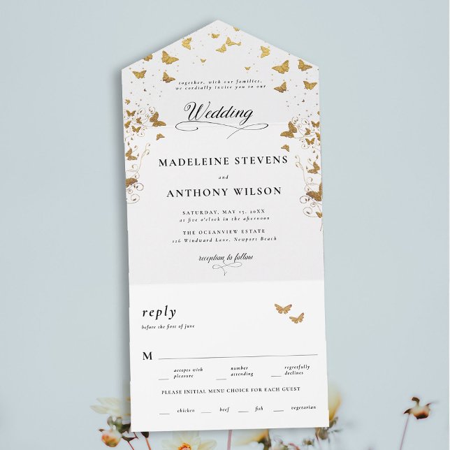Butterflies Elegante Kalligrafie Romantische Hochz All In One Einladung (butterflies garden theme modern romantic elegant calligraphy minimalist all in one trifold wedding)