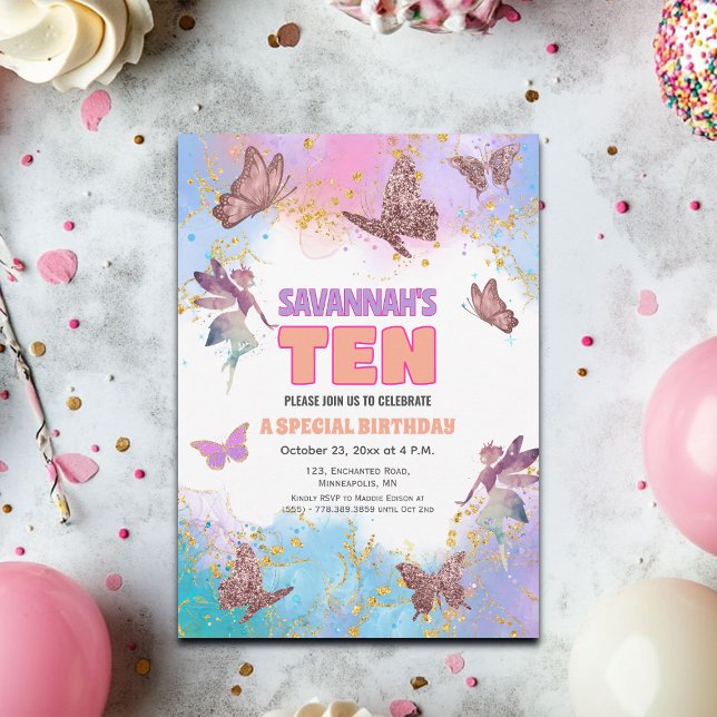 Butterflies Fairy Gold Glitter 10th Birthday Party Einladung (Von Creator hochgeladen)