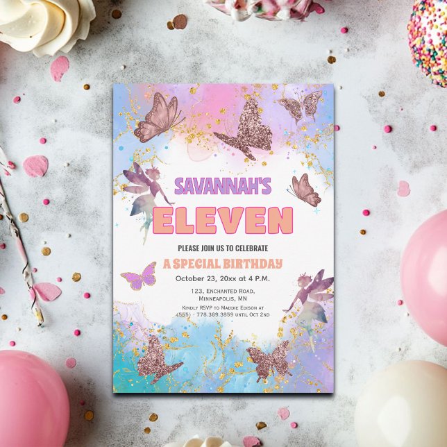 Butterflies Fairy Gold Glitter 11th Birthday Party Einladung (Von Creator hochgeladen)