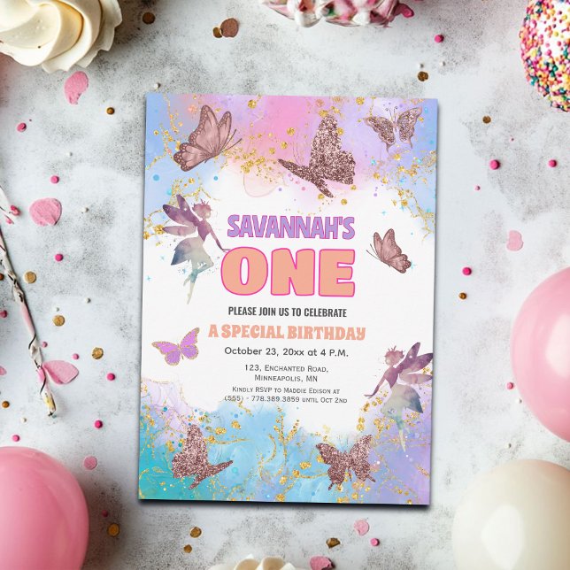 Butterflies Fairy Gold Glitter 1st Birthday Party Einladung (Von Creator hochgeladen)