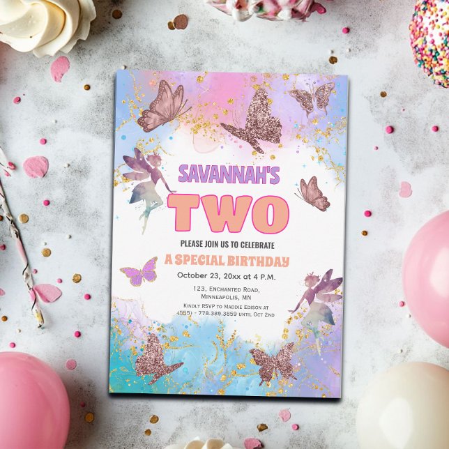 Butterflies Fairy Gold Glitter 2nd Birthday Party Einladung (Von Creator hochgeladen)