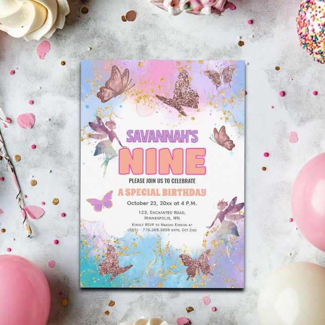 Butterflies Fairy Gold Glitter 9th Birthday Party Einladung (Von Creator hochgeladen)