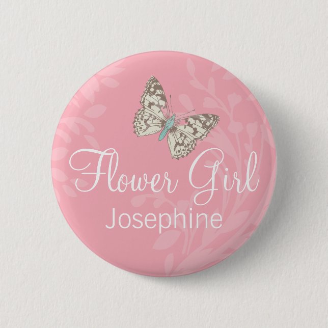 Butterflies Flower girl pink wedding pin / button (Vorderseite)