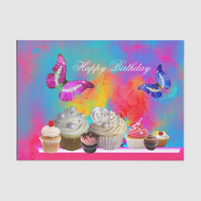 BUTTERFLIES JUMMY KUPCAKES, FARBIGER GEBURTSTAG SEIDENPAPIER (Vorderseite)