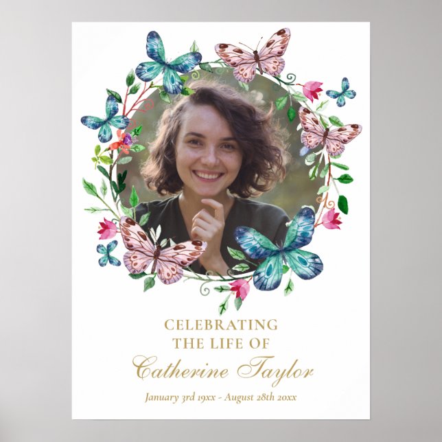 Butterflies Photo Funeral Celebration Of Life Sign Poster (Vorne)