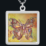 BUTTERFLUSS IN GLITZERN, gelb-braun Versilberte Kette<br><div class="desc">Eleganter und bunter Schmetterling. Malerei mit goldener und silberner Folie.</div>