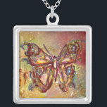 BUTTERFLUSS IN GLITZERN, gelb-braun Versilberte Kette<br><div class="desc">Eleganter und bunter Schmetterling. Malerei mit goldener und silberner Folie.</div>
