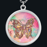 BUTTERFLUSS IN GLITZERN, rosa grün Versilberte Kette<br><div class="desc">Eleganter und bunter Schmetterling. Malerei mit goldener und silberner Folie.</div>