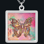 BUTTERFLUSS IN GLITZERN, rosa grün Versilberte Kette<br><div class="desc">Eleganter und bunter Schmetterling. Malerei mit goldener und silberner Folie.</div>