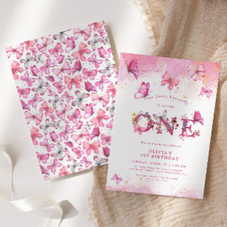 Butterfly 1. Geburtstag Baby Girl Pink Gold Staub Einladung