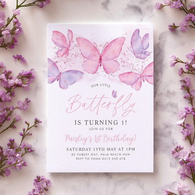 Butterfly 1st Birthday Invitation Pink Purple Girl Einladung (Our little butterfly is turning 1! Pink Purple Butterfly 1st birthday design)