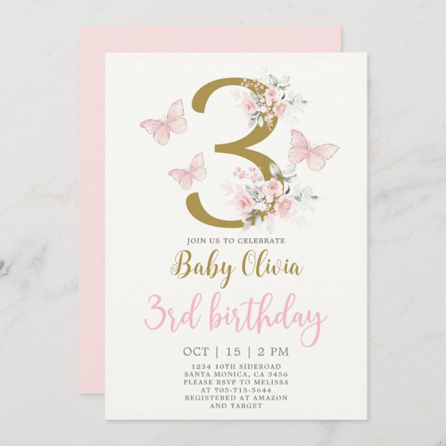 Butterfly 3. Geburtstag Einladung (Vorne/Hinten)
