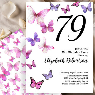 Butterfly 79. Geburtstag Einladung in Rosa /Lila