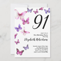 Butterfly 91st Birthday Invitation in Pink /Purple
