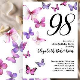 Butterfly 98th Birthday Invitation in Pink Purple Einladung