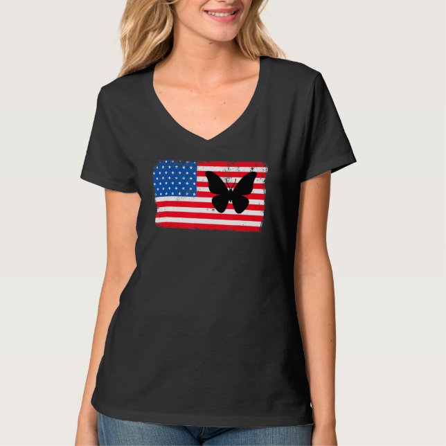 Butterfly American USA Flag 4. Juli Patriotic T-Shirt (Vorderseite)